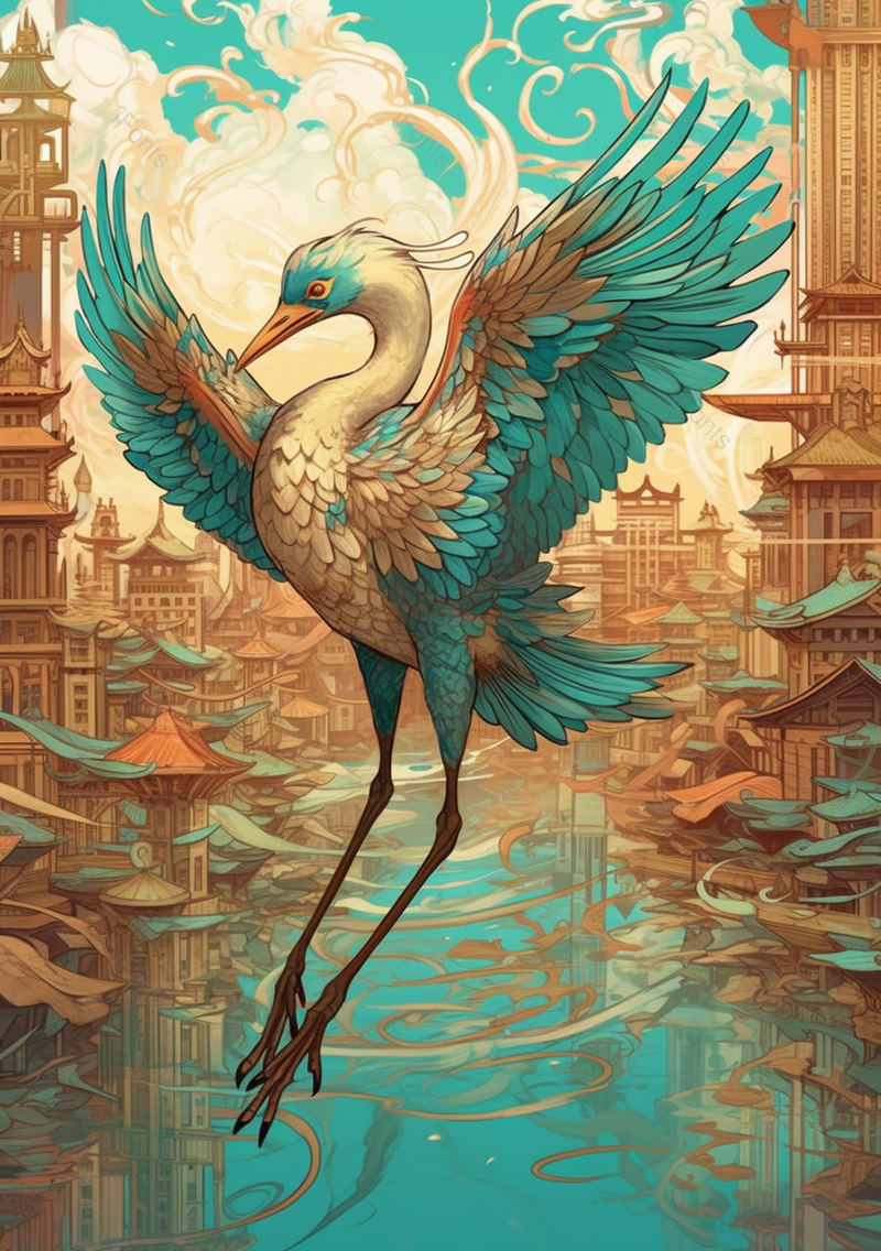 国潮风湖边的城市中的飞鸟仙鹤云纹祥云,插画/手绘图,插画/手绘图库,插画/手绘图下载,插画/手绘
